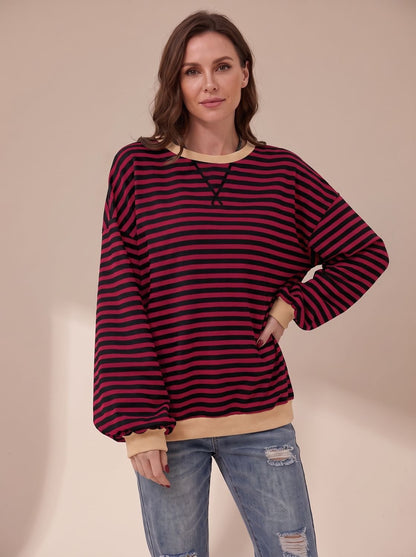 Women's Oversized Retro Striped Crewneck Sweatshirt