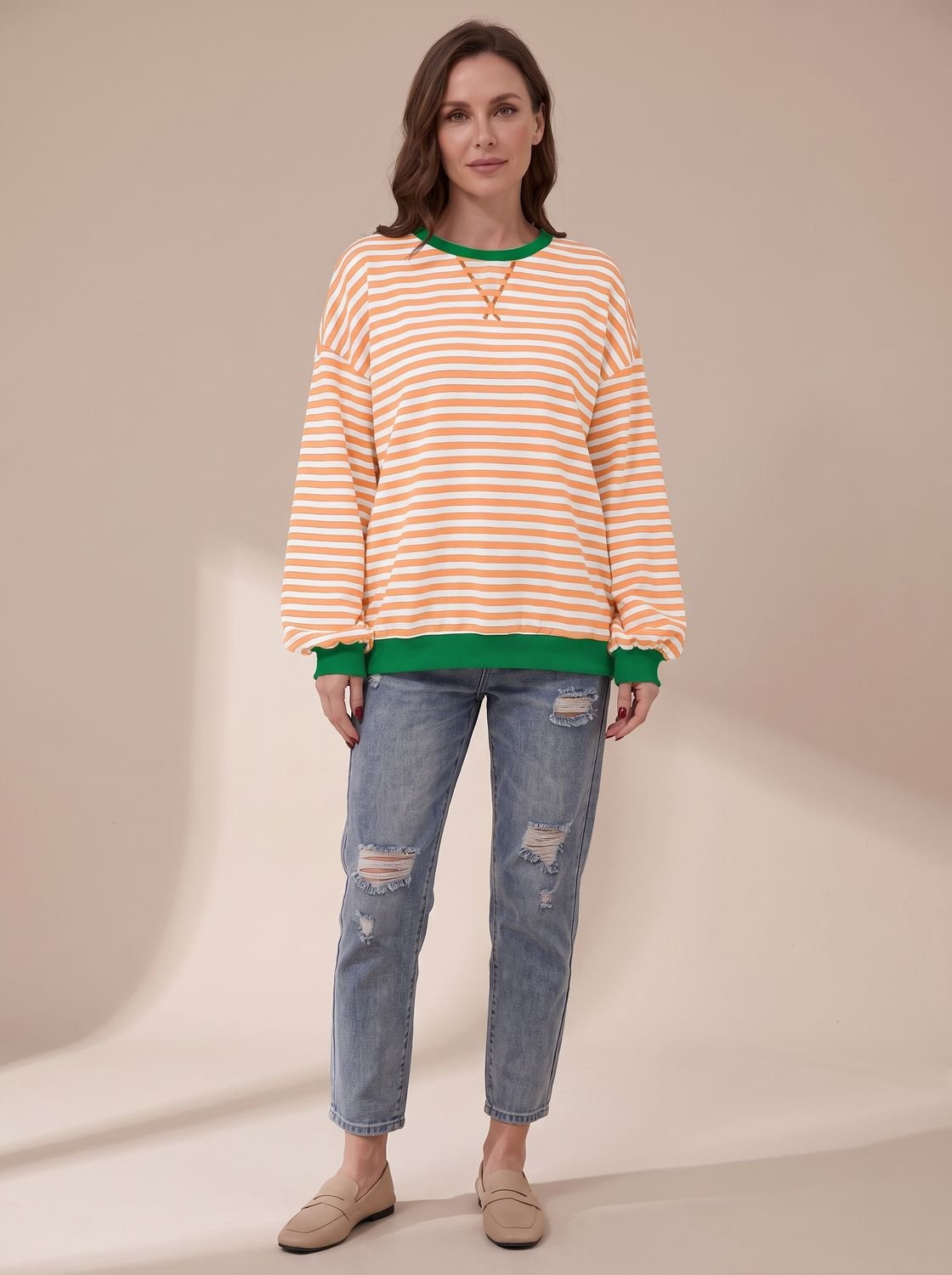 Women's Oversized Retro Striped Crewneck Sweatshirt