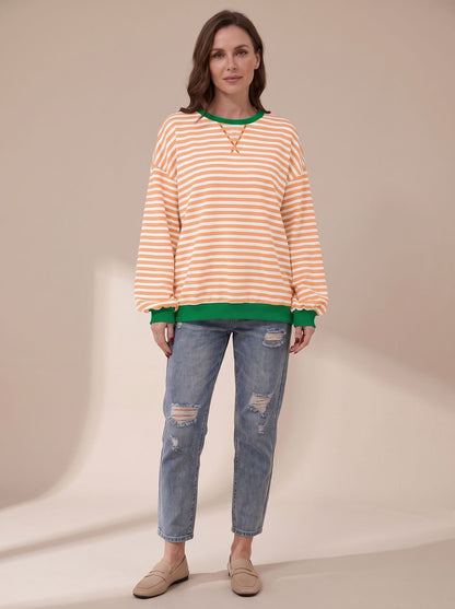 Women's Oversized Retro Striped Crewneck Sweatshirt