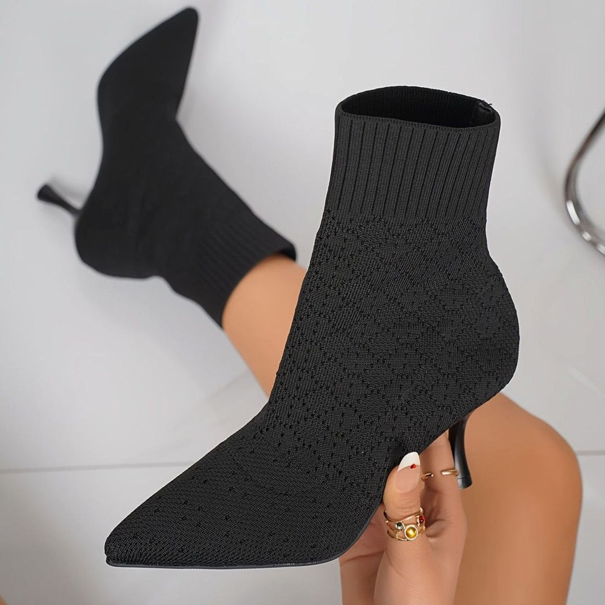 Women's Pointed-Toe Knit Sock Ankle Boots with Stiletto Heel
