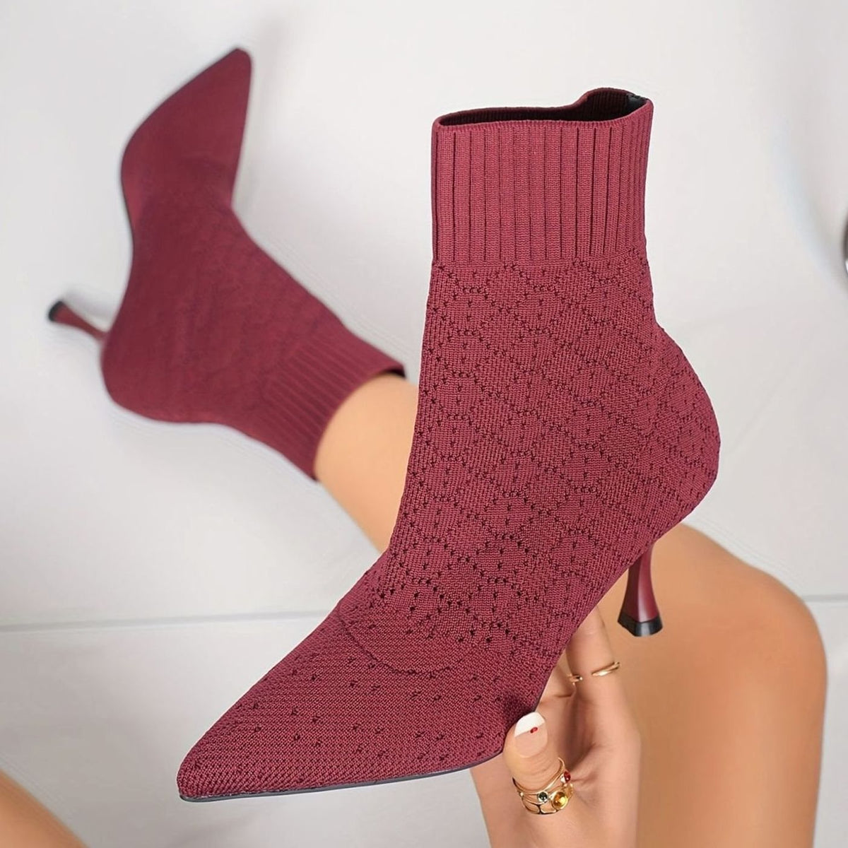 Women's Pointed-Toe Knit Sock Ankle Boots with Stiletto Heel