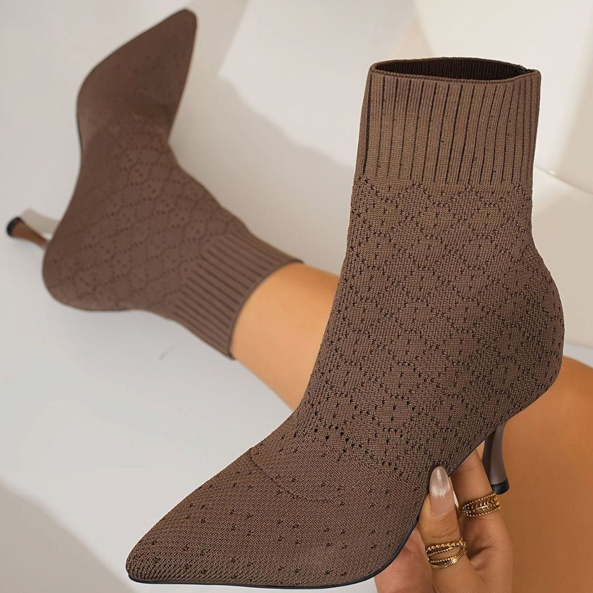 Women's Pointed-Toe Knit Sock Ankle Boots with Stiletto Heel