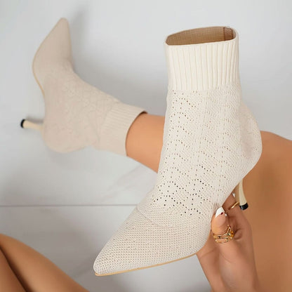Women's Pointed-Toe Knit Sock Ankle Boots with Stiletto Heel