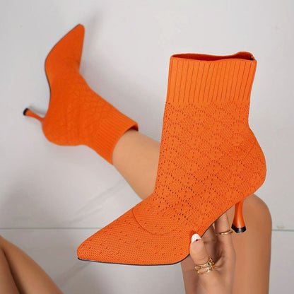 Women's Pointed-Toe Knit Sock Ankle Boots with Stiletto Heel