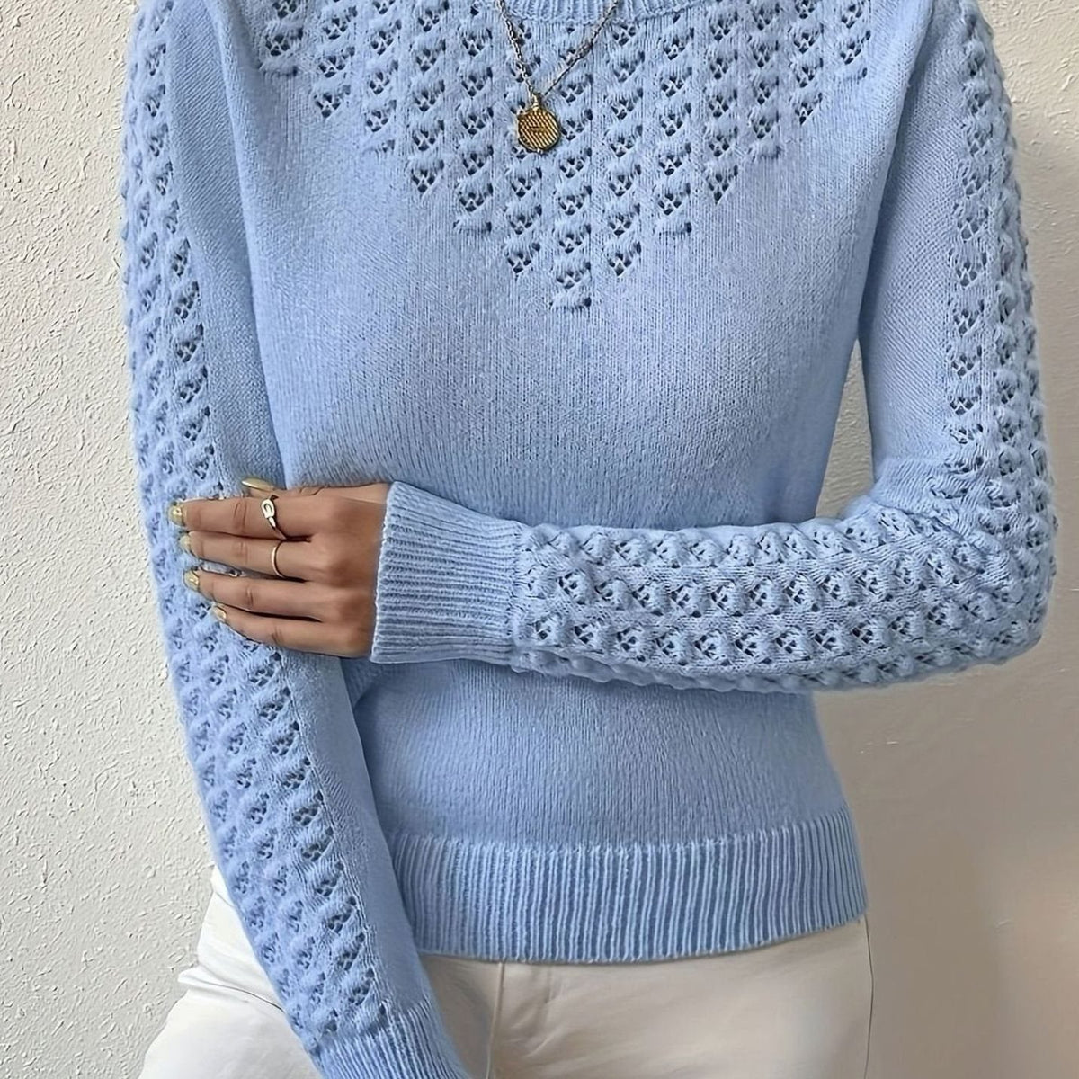 Women's Pointelle-Knit Round Neck Long Sleeve Sweater