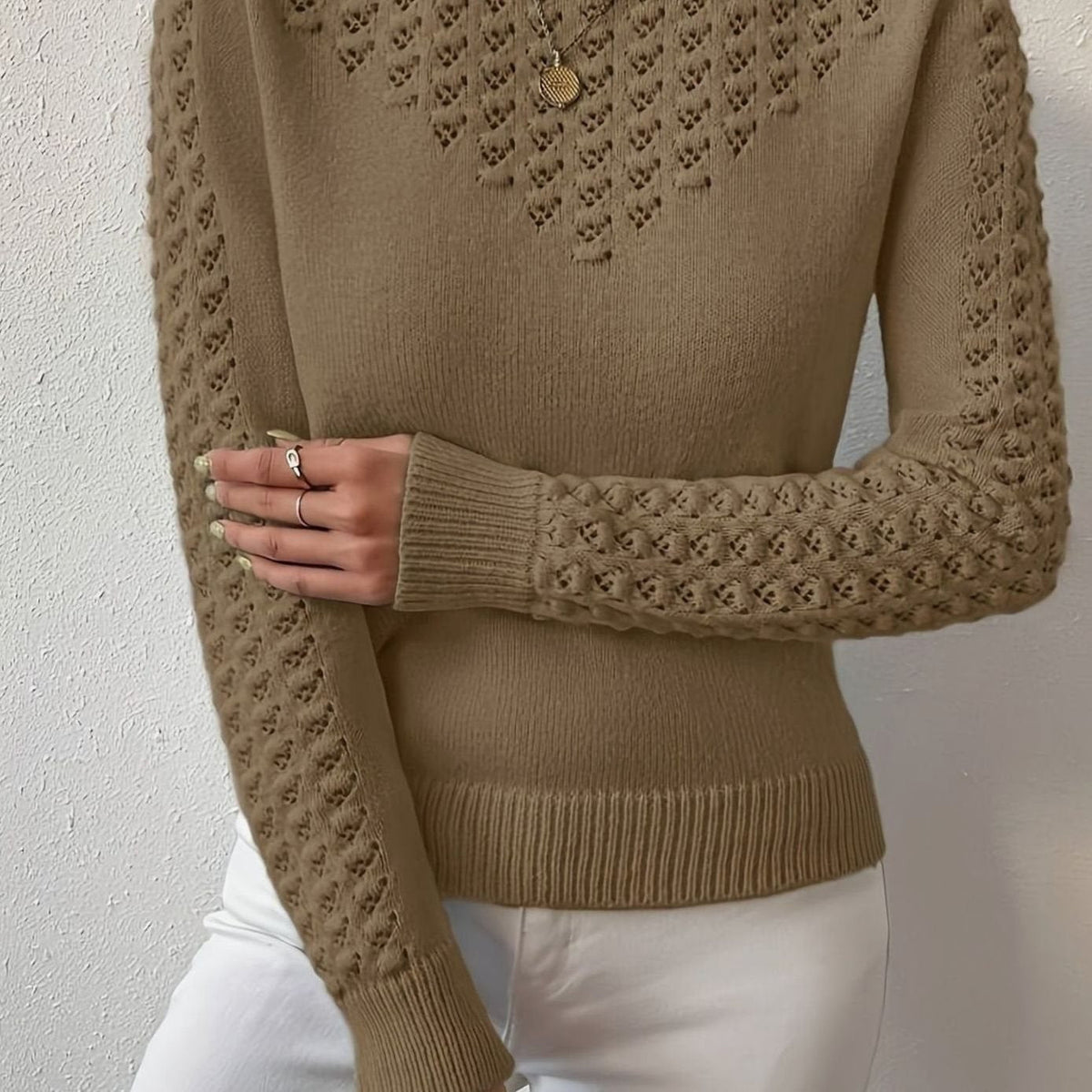 Women's Pointelle-Knit Round Neck Long Sleeve Sweater