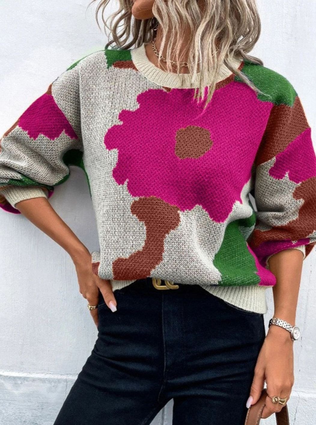 Women's Relaxed-Fit Floral Knit Pullover Sweater