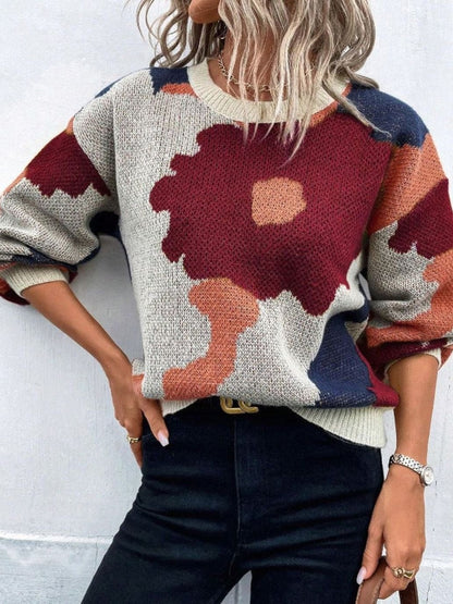 Women's Relaxed-Fit Floral Knit Pullover Sweater