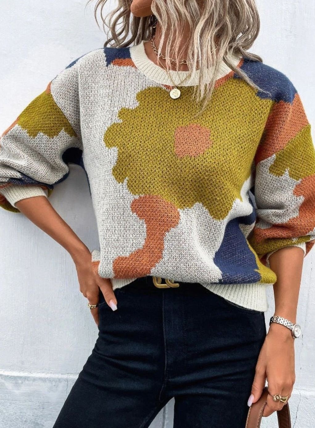 Women's Relaxed-Fit Floral Knit Pullover Sweater