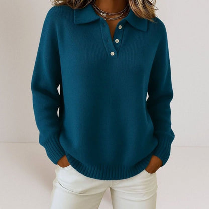 Women's Relaxed-Fit Polo Collar Button-Placket Knit Sweater