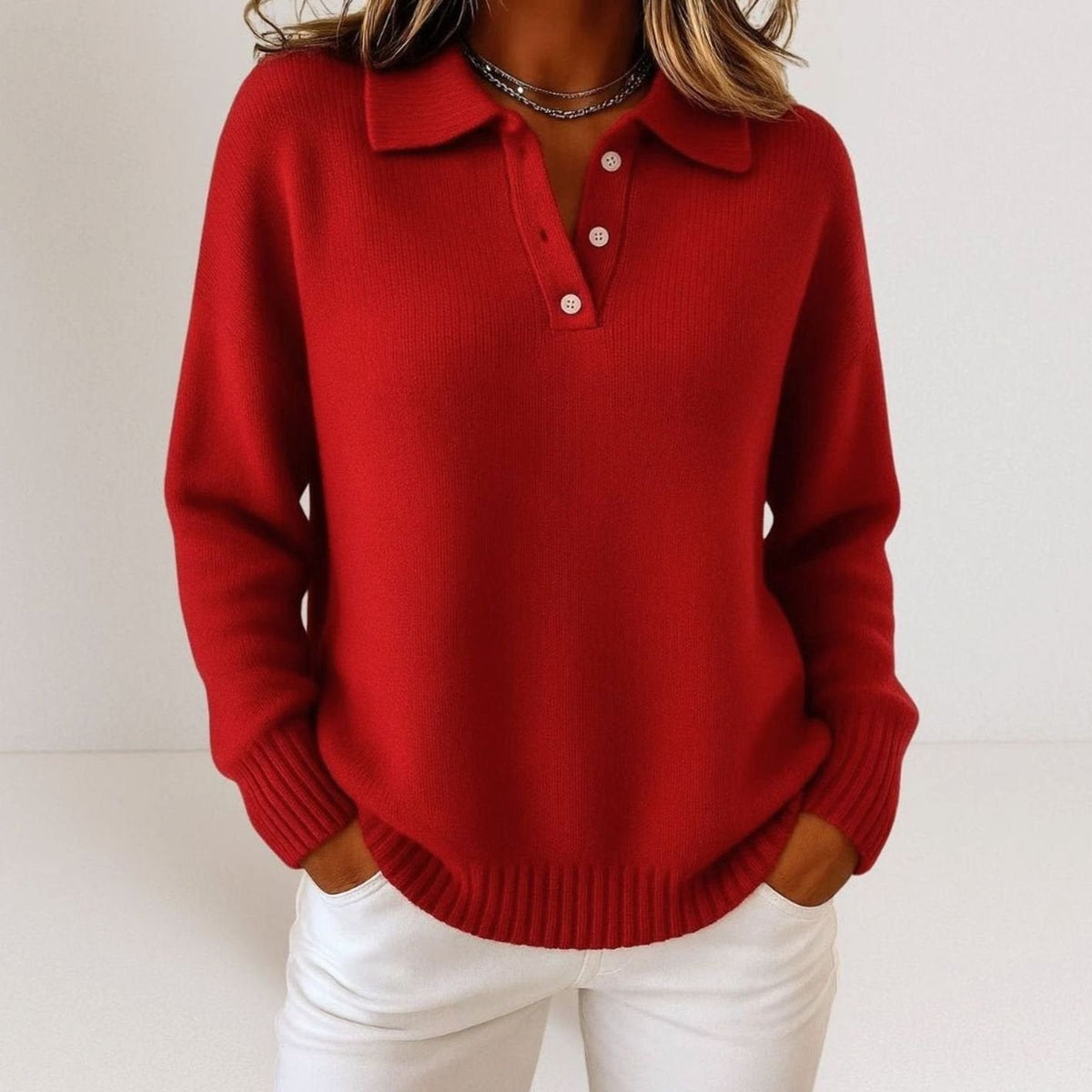 Women's Relaxed-Fit Polo Collar Button-Placket Knit Sweater