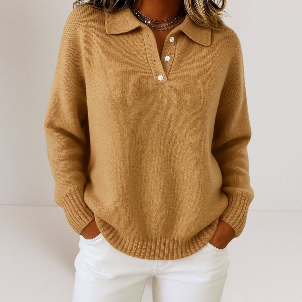 Women's Relaxed-Fit Polo Collar Button-Placket Knit Sweater
