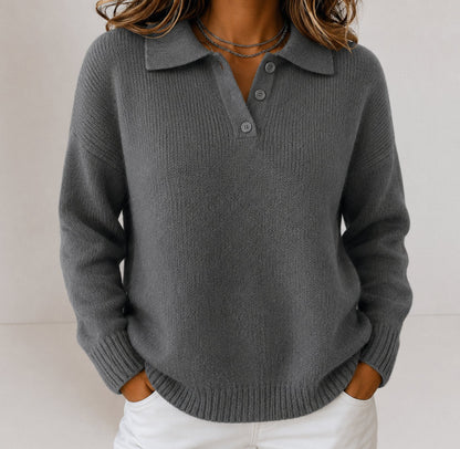 Women's Relaxed-Fit Polo Collar Button-Placket Knit Sweater