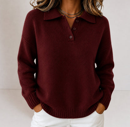 Women's Relaxed-Fit Polo Collar Button-Placket Knit Sweater