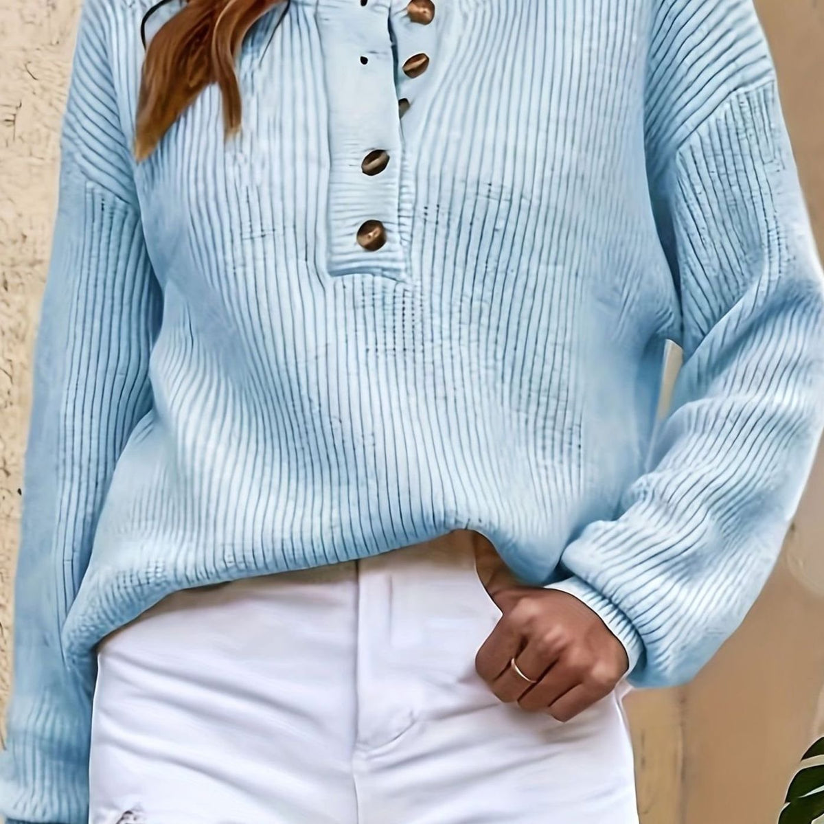 Women's Ribbed Henley Button-Neck Knit Sweater