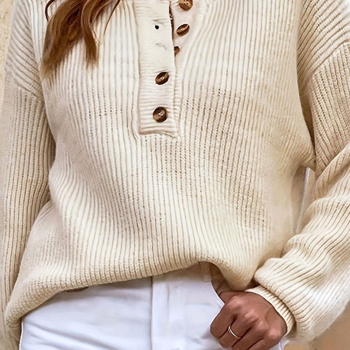 Women's Ribbed Henley Button-Neck Knit Sweater