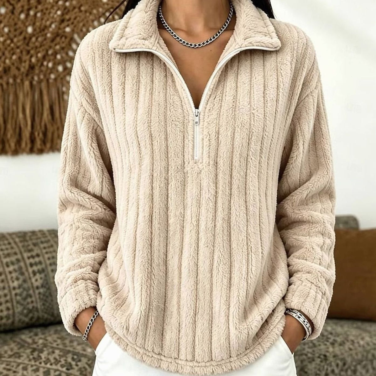 Women's Ribbed Plush Fleece Quarter-Zip Pullover Sweater