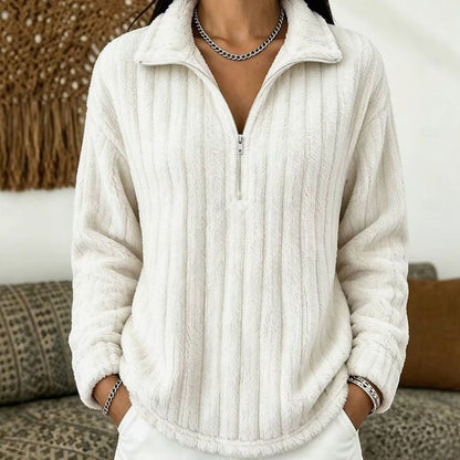 Women's Ribbed Plush Fleece Quarter-Zip Pullover Sweater