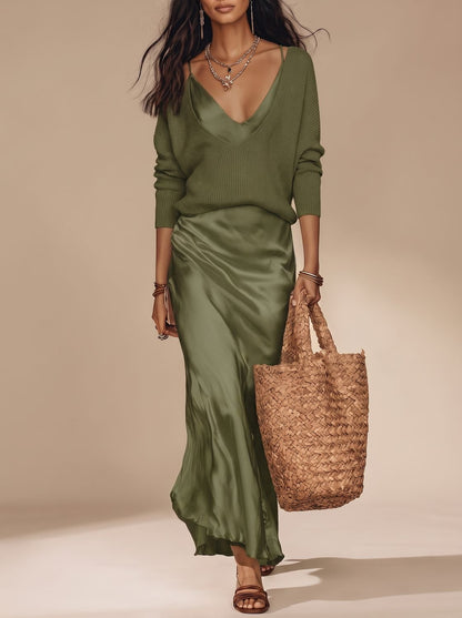Women's Satin V-Neck Slip Maxi Dress