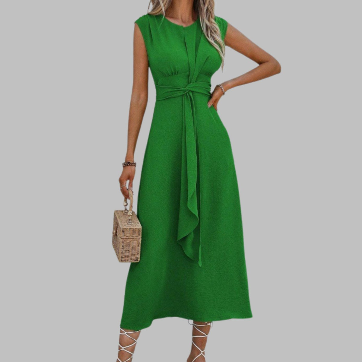 Women's Sleeveless Tie-Waist Round Neck Midi Cocktail Dress