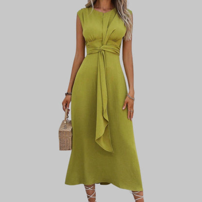 Women's Sleeveless Tie-Waist Round Neck Midi Cocktail Dress