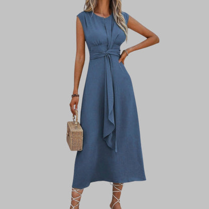 Women's Sleeveless Tie-Waist Round Neck Midi Cocktail Dress