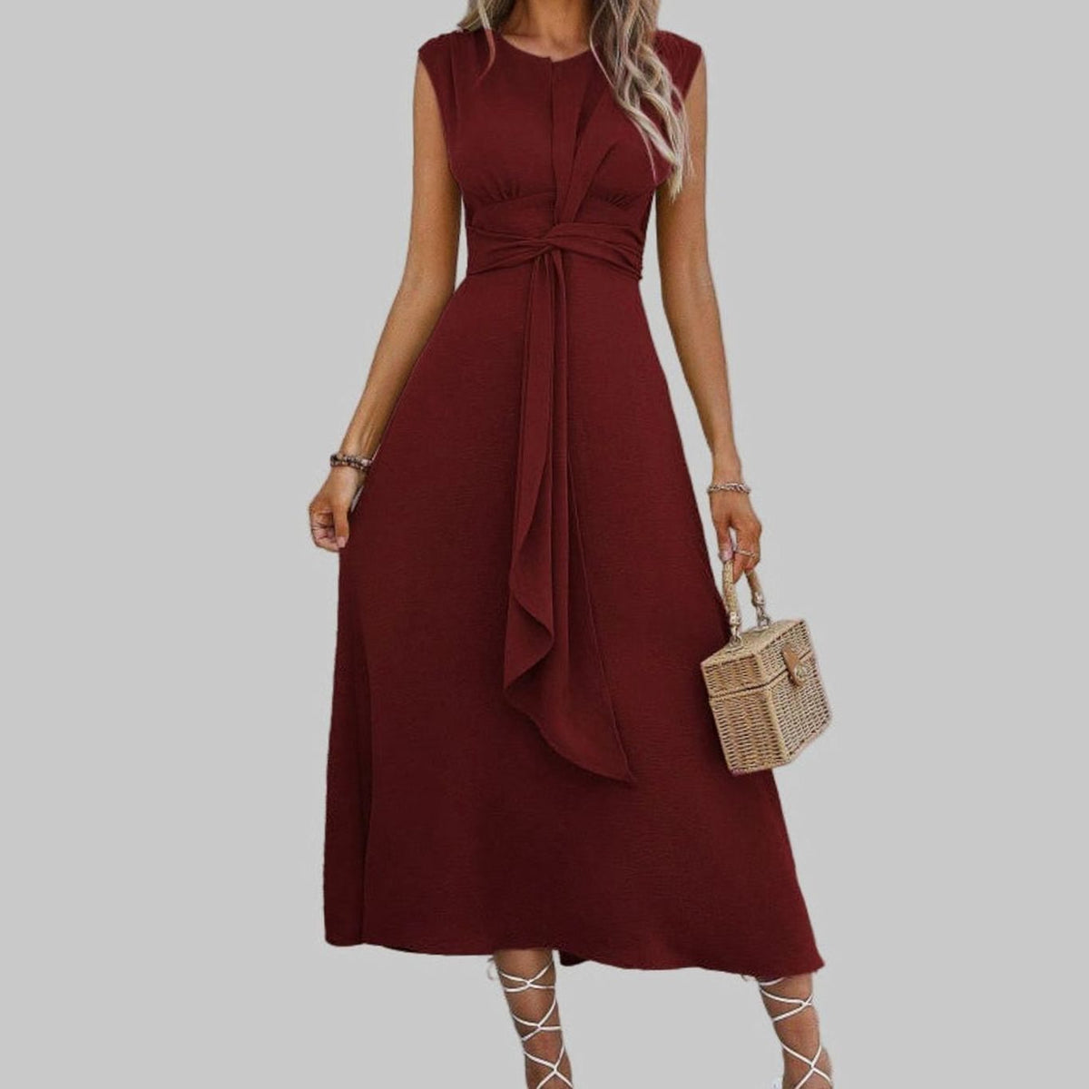Women's Sleeveless Tie-Waist Round Neck Midi Cocktail Dress