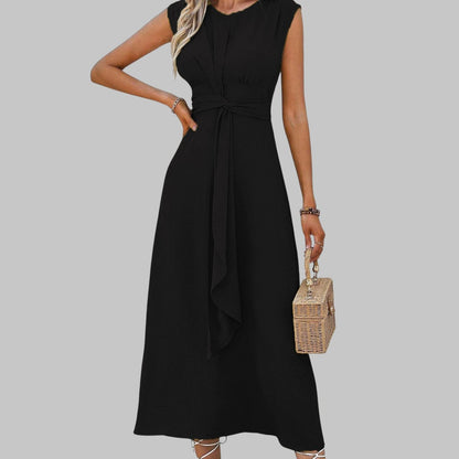 Women's Sleeveless Tie-Waist Round Neck Midi Cocktail Dress
