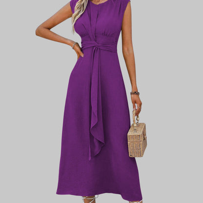 Women's Sleeveless Tie-Waist Round Neck Midi Cocktail Dress