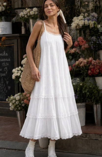 Women's Spaghetti Strap Tiered Lace Cotton Midi Dress