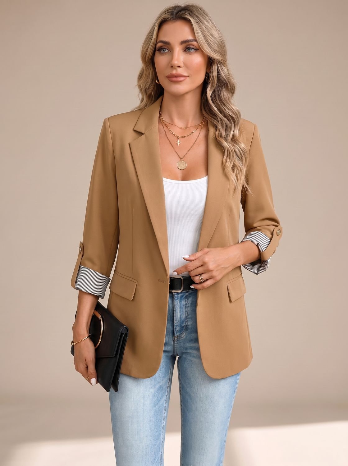 Women's Striped-Cuff Roll-Up Sleeve Soft-Tailored Blazer
