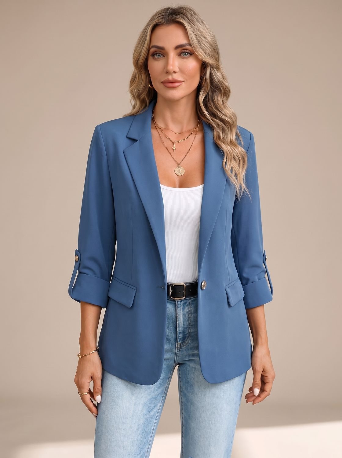 Women's Striped-Cuff Roll-Up Sleeve Soft-Tailored Blazer