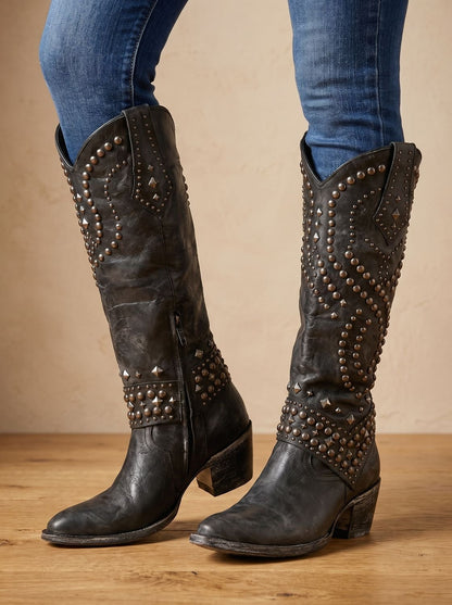 Women's Studded Knee-High Pointed-Toe Orthopedic Cowboy Boots