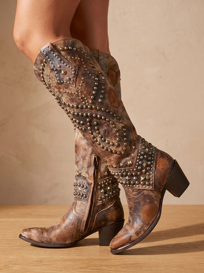 Women's Studded Knee-High Pointed-Toe Orthopedic Cowboy Boots