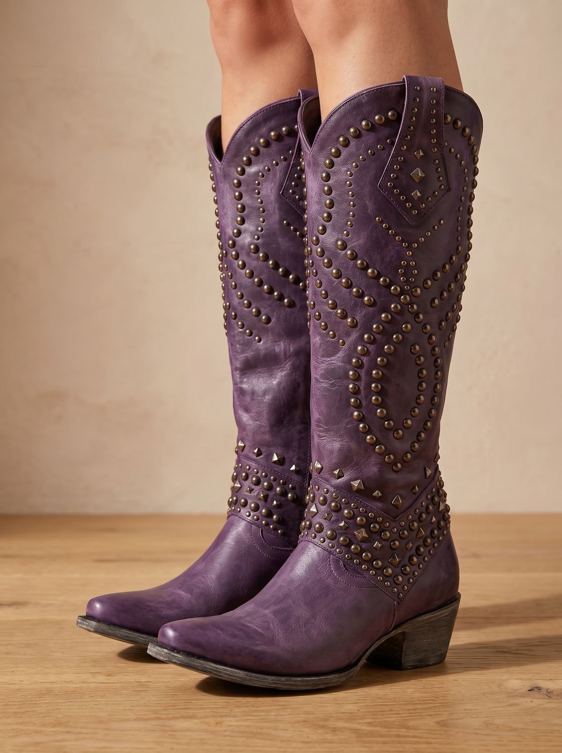 Women's Studded Knee-High Pointed-Toe Orthopedic Cowboy Boots