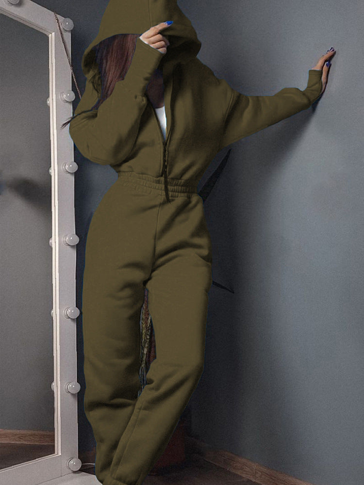 Women's Tailored Hooded Sweatshirt Jumpsuit with Zipper and Elastic Waistband