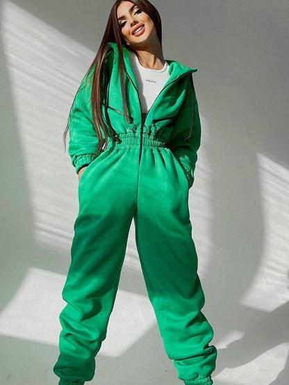 Women's Tailored Hooded Sweatshirt Jumpsuit with Zipper and Elastic Waistband