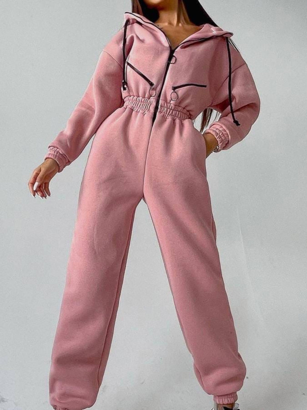 Women's Tailored Hooded Sweatshirt Jumpsuit with Zipper and Elastic Waistband