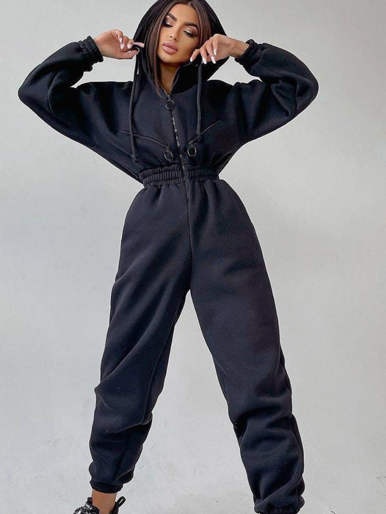 Women's Tailored Hooded Sweatshirt Jumpsuit with Zipper and Elastic Waistband