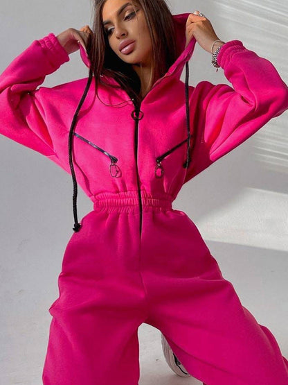 Women's Tailored Hooded Sweatshirt Jumpsuit with Zipper and Elastic Waistband