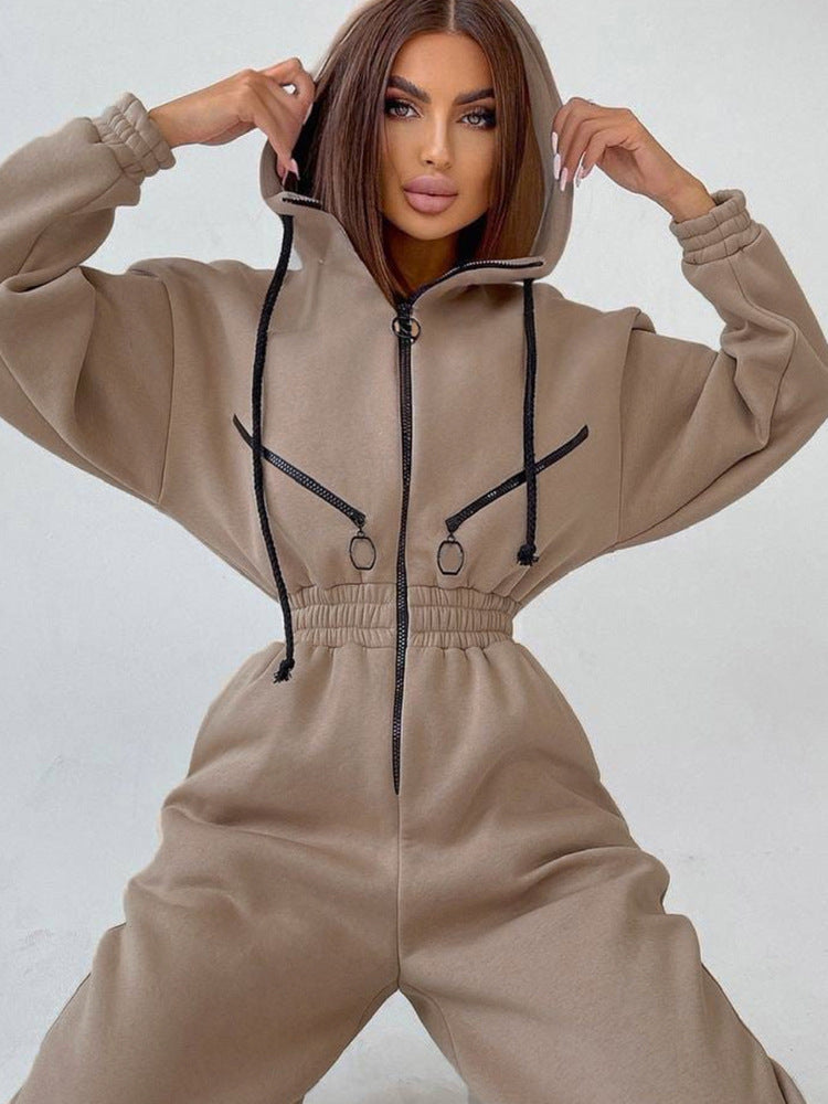 Women's Tailored Hooded Sweatshirt Jumpsuit with Zipper and Elastic Waistband