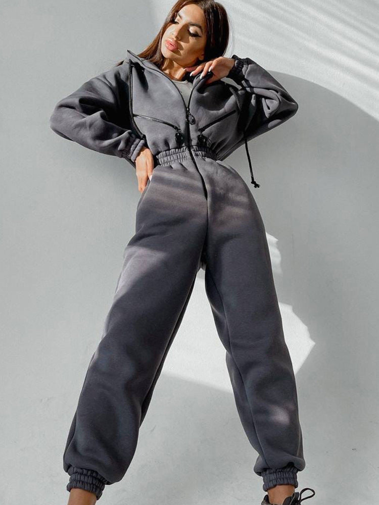 Women's Tailored Hooded Sweatshirt Jumpsuit with Zipper and Elastic Waistband
