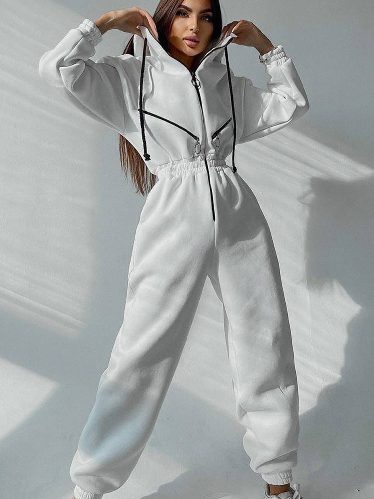Women's Tailored Hooded Sweatshirt Jumpsuit with Zipper and Elastic Waistband
