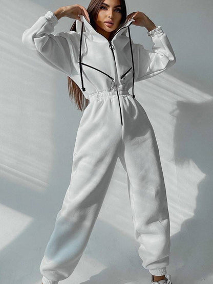 Women's Tailored Hooded Sweatshirt Jumpsuit with Zipper and Elastic Waistband