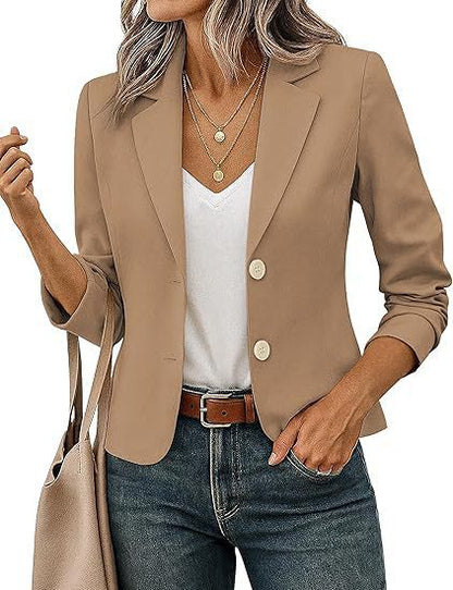 Women's Tailored Short Blazer with Decorative Buttons and 3/4 Sleeves
