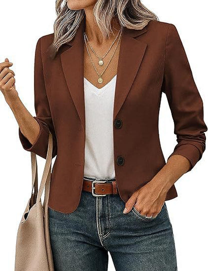 Women's Tailored Short Blazer with Decorative Buttons and 3/4 Sleeves
