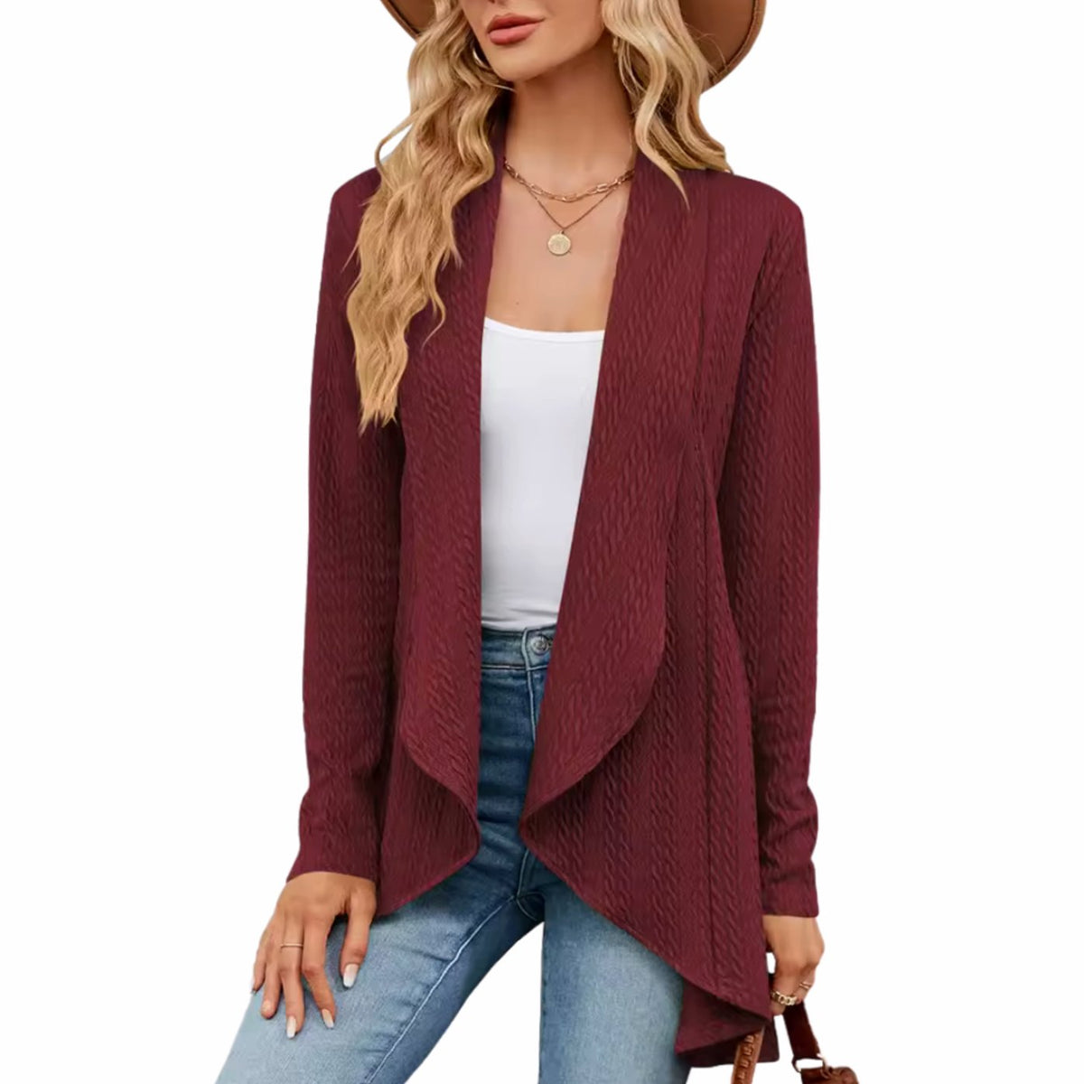 Women's Textured Open-Front Long-Sleeve Cardigan