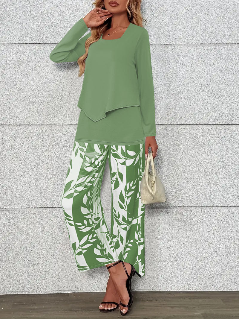 Women's Two-Piece Lounge Set with Overlapping Long-Sleeve Top and Wide-Leg Palazzo Pants