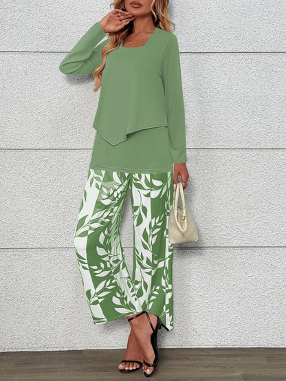 Women's Two-Piece Lounge Set with Overlapping Long-Sleeve Top and Wide-Leg Palazzo Pants