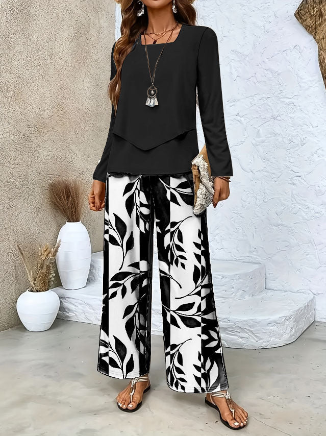 Women's Two-Piece Lounge Set with Overlapping Long-Sleeve Top and Wide-Leg Palazzo Pants